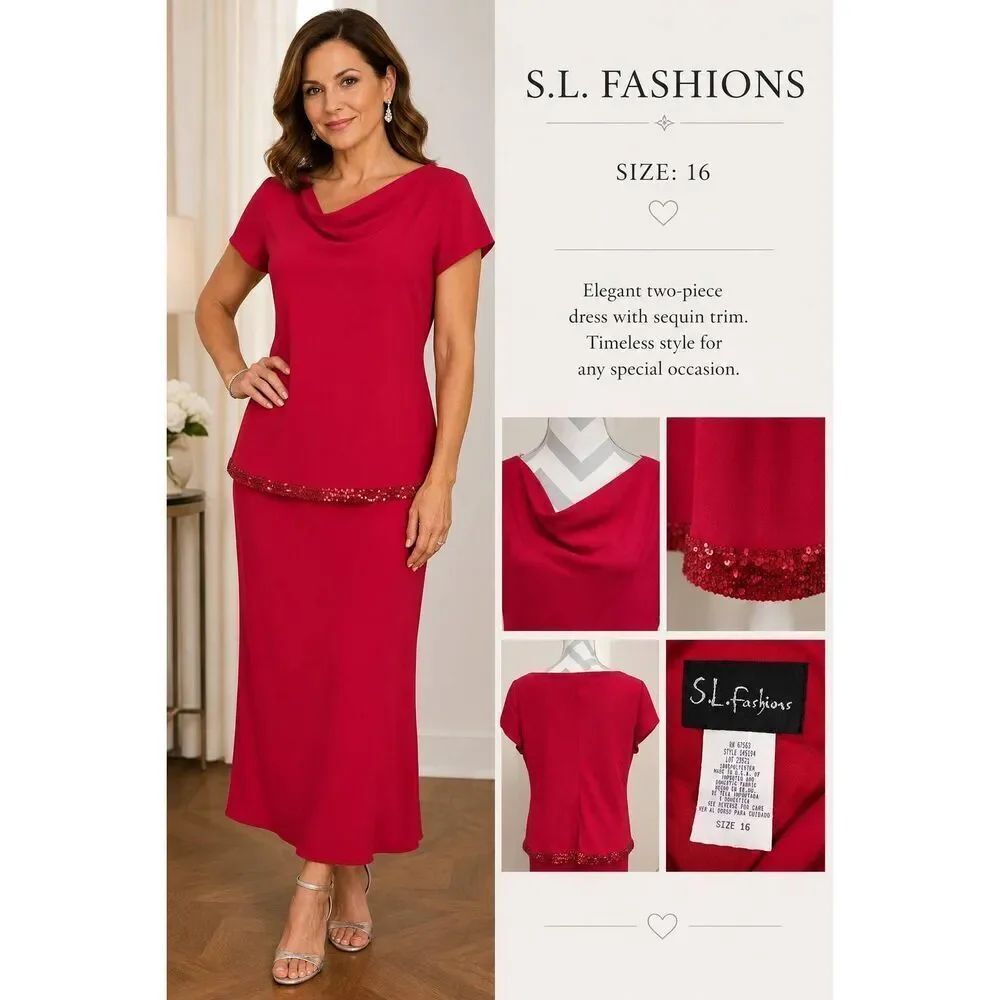 Vintage Y2K S.L. Fashions Red Sequin Trim Popover Maxi Dress Women’s Size 16 NWT